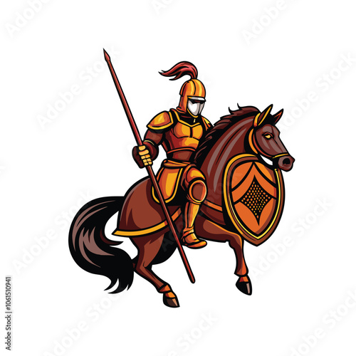 A mounted knight in full armor from the medieval era, holding a lance, galloping through a field.