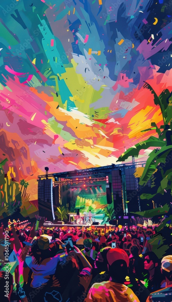 Obraz premium Dynamic festival scene showcasing the vip experience with premium seating areas under a nighttime sky. the colorful lights and energetic crowd emphasize the exclusive, vibrant atmosphere