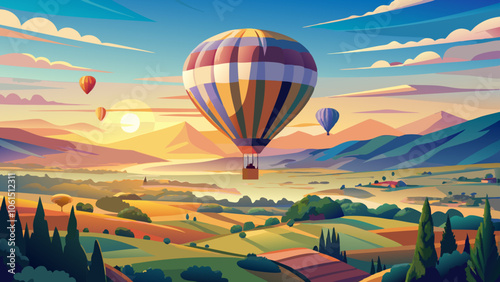 Colourful hot air balloon flying over the Magaliesburg valley, Gauteng, South Africa