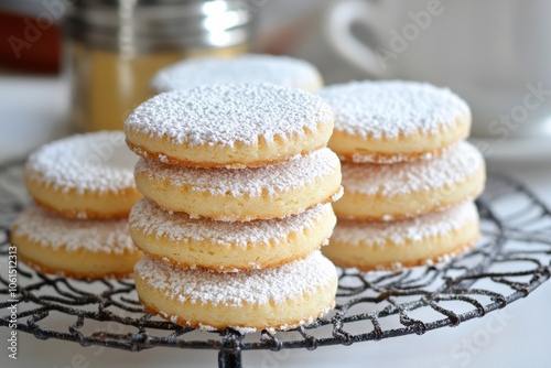 Delicate shortcrust pastry cookies decorated with powdered sugar. photo