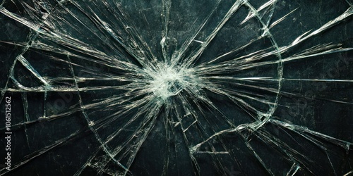 Image of shattered glass with a central impact point and radiating cracks.