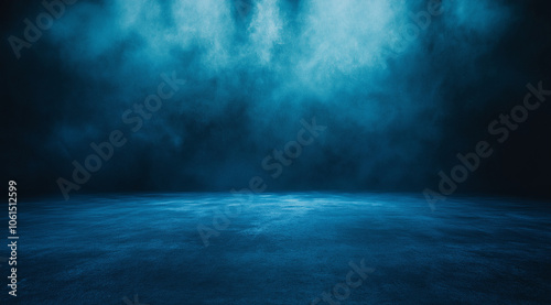 A dark blue background with studio backdrop, concrete floor, dark and mysterious. An atmospheric, horror movie-like, eerie, dark, cinematic, photorealistic, ultra-realistic  with high-resolution.