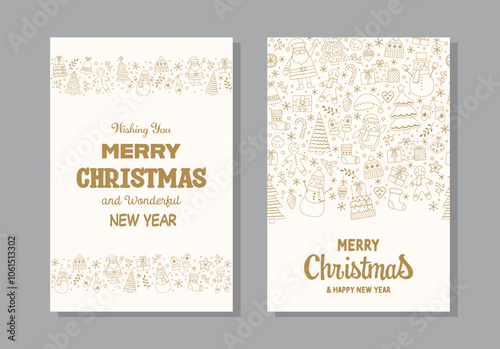 Colourful Christmas greeting cards collection with cartoon decorations. Vector illustration