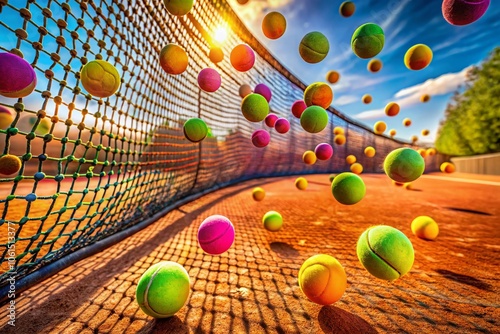 Surreal Tennis Practice: Vibrant Tennis Balls in Motion on a Clay Court with a Dreamlike Net Effect photo