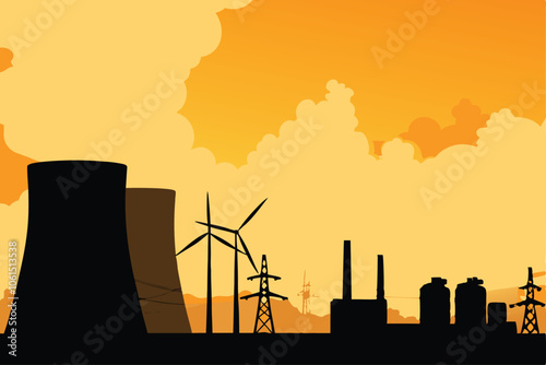 A dramatic silhouette of a power plant, its smokestacks billowing against a bright, fiery orange sunset.