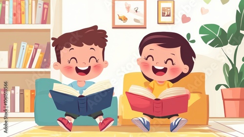 Happy children relax read book at home. Child and reading a story. learn development, childcare, laughing, education, storytelling, practice, reduce addiction mobile phone, love book