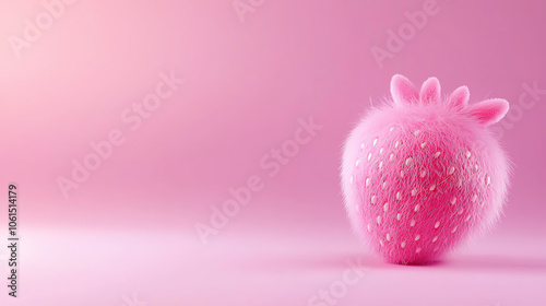 Adorable strawberry-inspired plush object with fine fuzzy texture light pink hue in high-resolution close-up minimalistic background natural soft light enhances details
