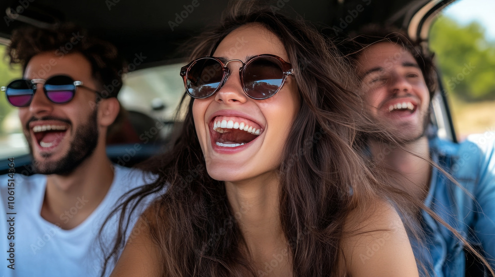 joyful group of friends enjoying road trip in car joyful group of friends enjoying road trip in car