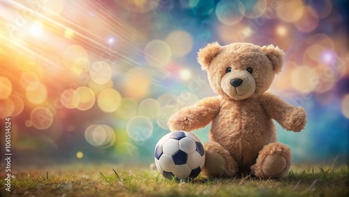 Teddy Bear with Football and Soccer Ball in Long Exposure, Cute and Playful Scene Captured in Motion, Adorable Plush Toy Sports Theme, Whimsical Imagery for Kids and Sports Lovers