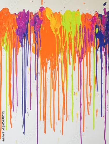 A vibrant abstract artwork featuring drips of orange, purple, green, and yellow paint.