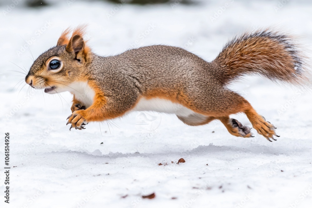 A lively squirrel leaps through a snowy landscape, showcasing its agility and the beauty of nature in winter. A lively squirrel leaps through a snowy landscape, showcasing its agility and the beauty of nature in winter.