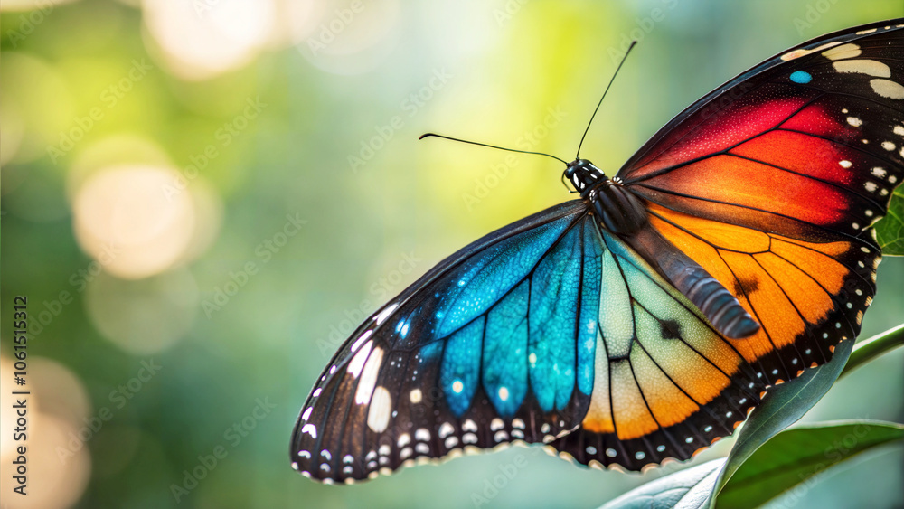 Fototapeta premium Colorful butterfly perched on a leaf surrounded by lush greenery.