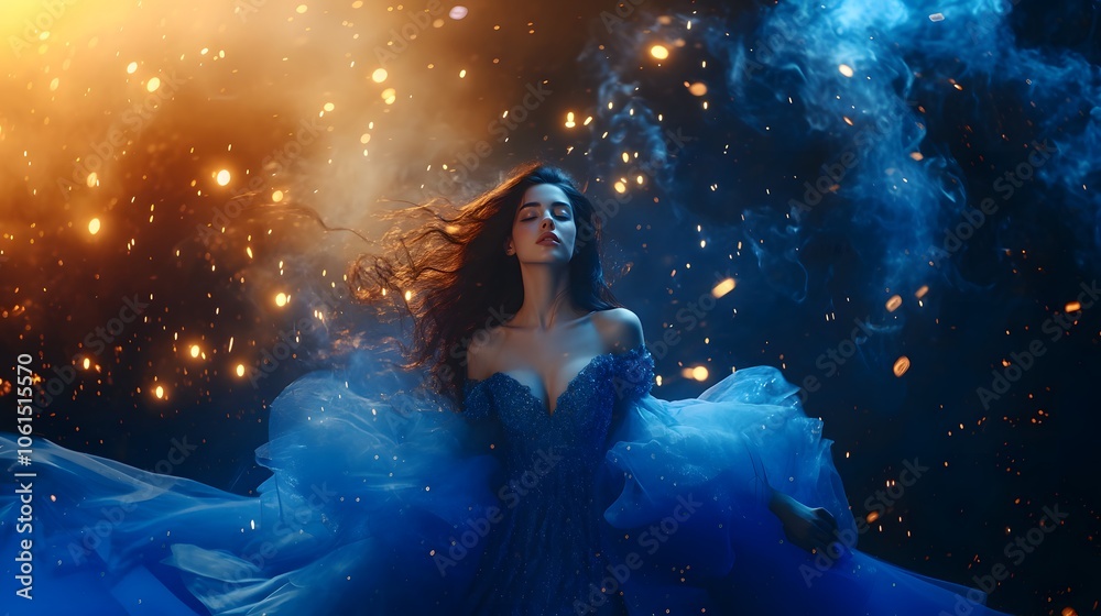 a 20-year-old woman wear dressed as a fantasy in a pompous bright blue dress with her long dark brown hair lifted through the air with a fantasy background a 20-year-old woman wear dressed as a fantasy in a pompous bright blue dress with her long dark brown hair lifted through the air with a fantasy background