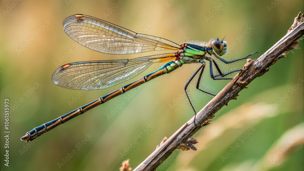 Dragonfly perched on a twig with intricate details, natural background. Dragonfly perched on a twig with intricate details, natural background.