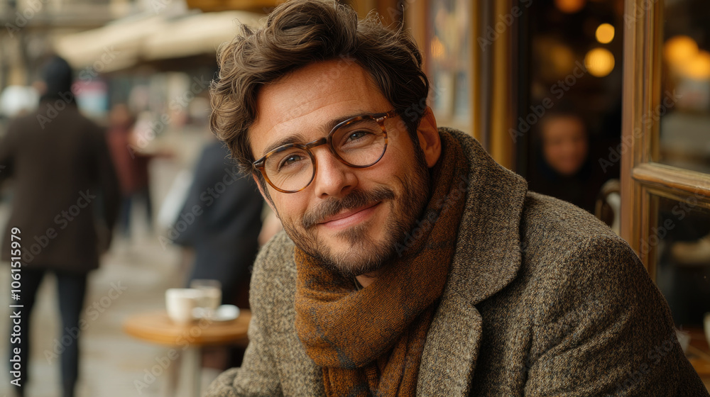 A young man with a warm smile relaxes in a cozy café, sipping a drink while dressed warmly for the cool weather outside
