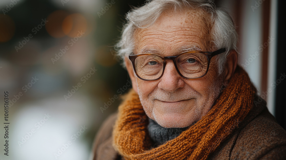 An elderly man wearing glasses and a cozy scarf smiles contentedly while standing outside on a calm winter day with soft light An elderly man wearing glasses and a cozy scarf smiles contentedly while standing outside on a calm winter day with soft light