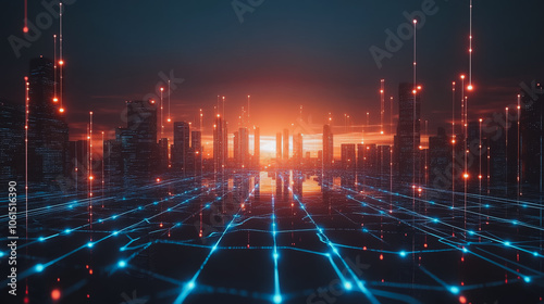 Smart digital city with connection cyber security network reciprocity over the cityscape . future smart wireless digital city and social media networking systems that connects people within the city