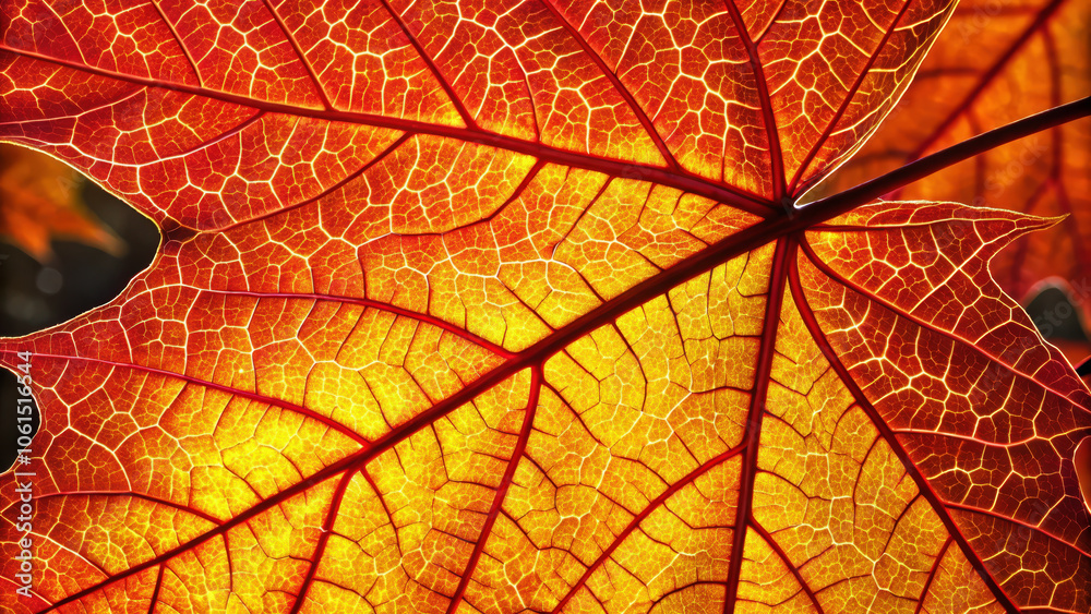 Obraz premium Close-up of a vibrant autumn leaf with intricate vein patterns and rich colors.