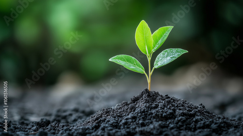 small green plant emerges from dark soil, symbolizing growth and renewal in nature. vibrant leaves glisten with moisture, reflecting sense of vitality and hope.