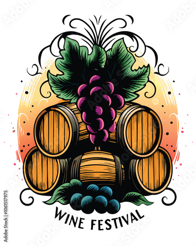 Design a retro-style poster for a wine festival featuring grapes, barrels, and a playful vintage aesthetic.