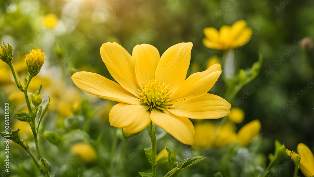 A yellow flower is in the foreground of a green field A yellow flower is in the foreground of a green field