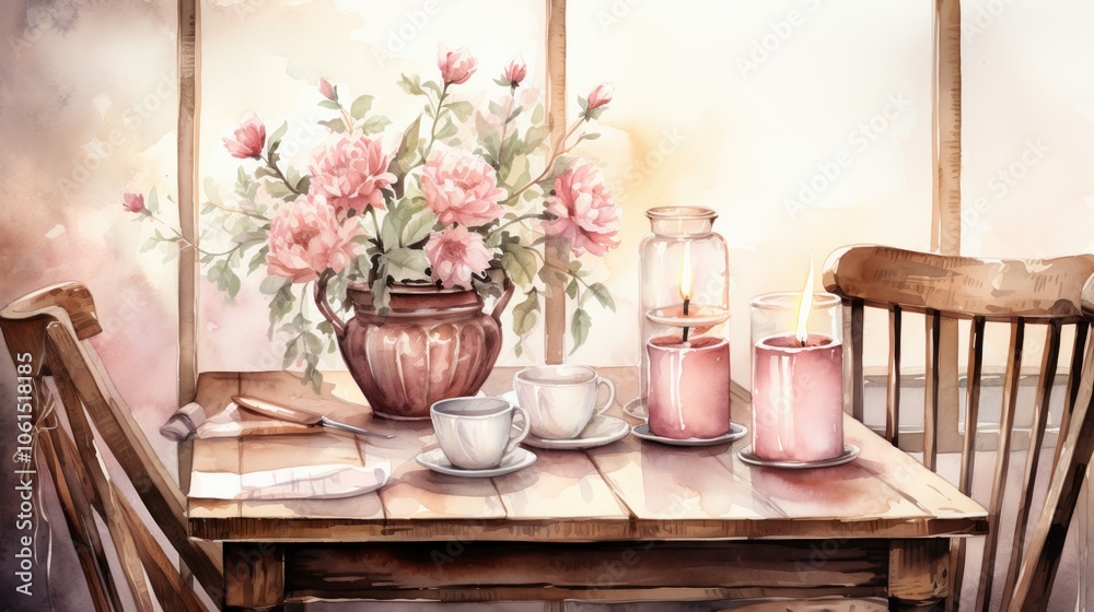 Cozy breakfast nook with floral centerpiece and candles, perfect for a serene morning. Cozy breakfast nook with floral centerpiece and candles, perfect for a serene morning.