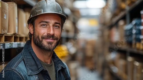 A handsome male worker wearing a hard hat carrying boxes turns back and forth through a retail warehouse full of shelves--a professional worker working in logistics and distribution centers.