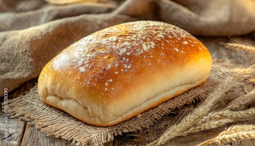 A freshly baked loaf of bread resting on a rustic surface, showcasing its golden crust and soft interior.