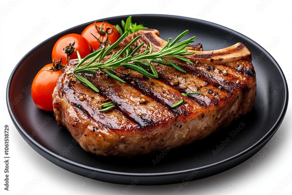 Piece of meat with a tomato and some herbs on top of a black plate. The plate is on a white background Piece of meat with a tomato and some herbs on top of a black plate. The plate is on a white background