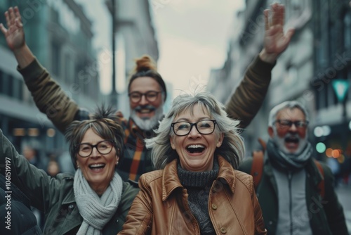 Group of happy senior friends walking in the city. They are having fun and laughing.