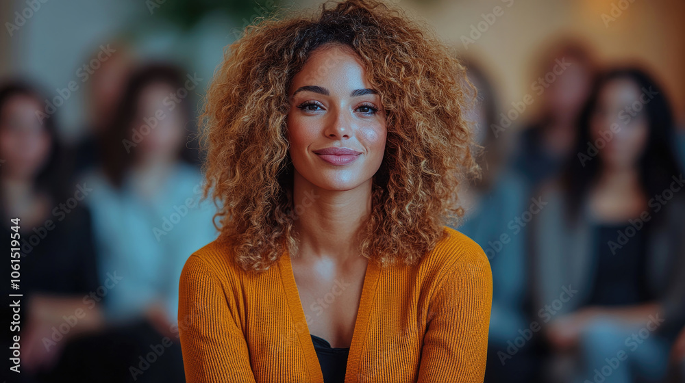 Fototapeta premium A confident woman with curly hair smiles warmly while seated in a workshop with focused attendees, creating an inviting atmosphere