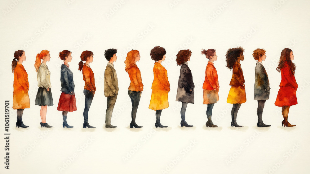 A lineup of people with different hair colors and styles wears a range of casual to formal outfits, creating a harmonious visual display A lineup of people with different hair colors and styles wears a range of casual to formal outfits, creating a harmonious visual display