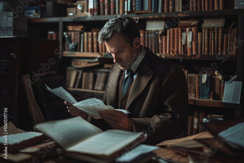 Intense Detective at Work in Dimly Lit Office Analyzing Case Files with Magnifying Glass photo