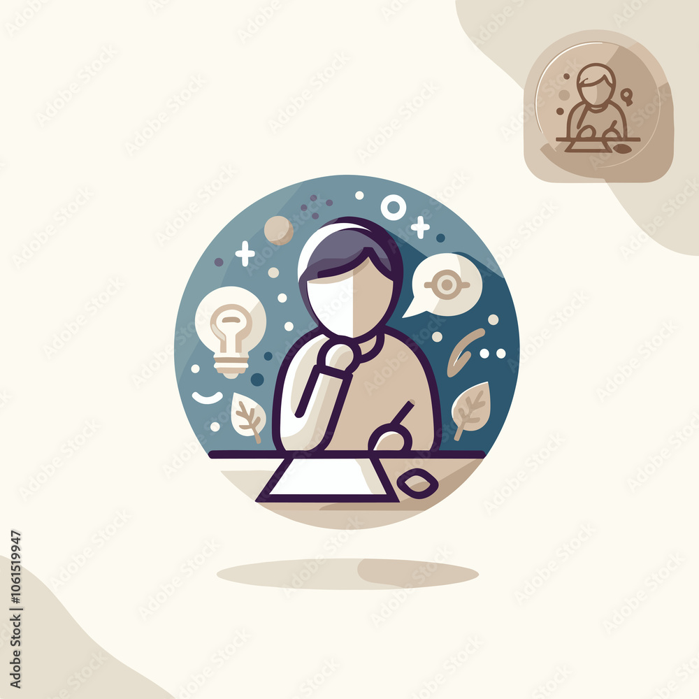 Thoughtful person, pondering ideas, sketching at desk, creative background with symbols Thoughtful person, pondering ideas, sketching at desk, creative background with symbols