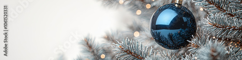 Blue Holiday Ornament on Christmas Tree Branch with Text Space. Generative AI