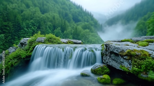Serene waterfall cascading over moss-covered rocks in a lush, misty forest, AI © starush