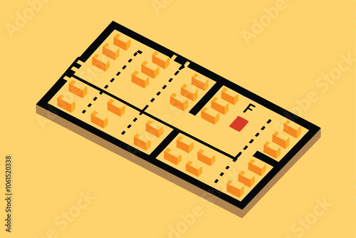 A simple isometric illustration of a factory layout, showcasing different production areas like assembly, storage, and shipping.