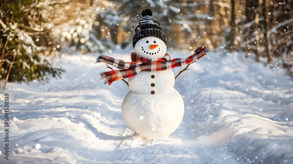 Obraz premium Funny energetic snowman running through a snow-covered scene with a scarf and hat, embracing the festive winter fun.