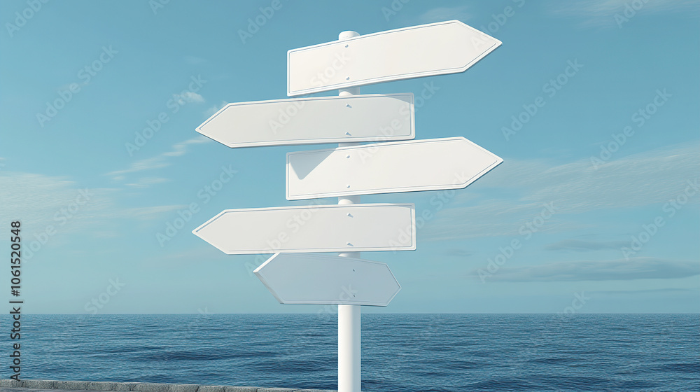 3D white blank road sign with six arrow signs pointing in different directions 3D white blank road sign with six arrow signs pointing in different directions