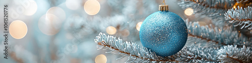Blue Holiday Ornament on Christmas Tree Branch with Text Space. Generative AI