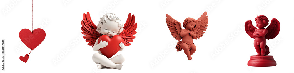Fototapeta premium Decorative cherubs with heart motifs, displaying various red hues against a dark background, ideal for love-themed decor or gifts.