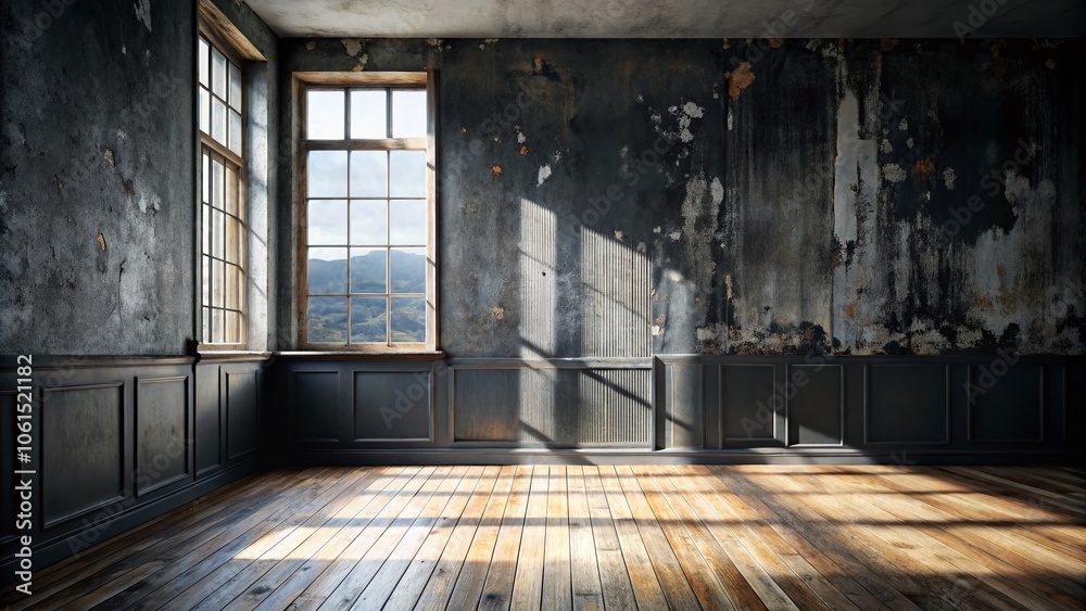 Urban Exploration Photography: Black Wall with White Wooden Floor in an Abandoned Space, Capturing Contrast and Texture, Perfect for Interior Design, Minimalism, and Artistic Aesthetics