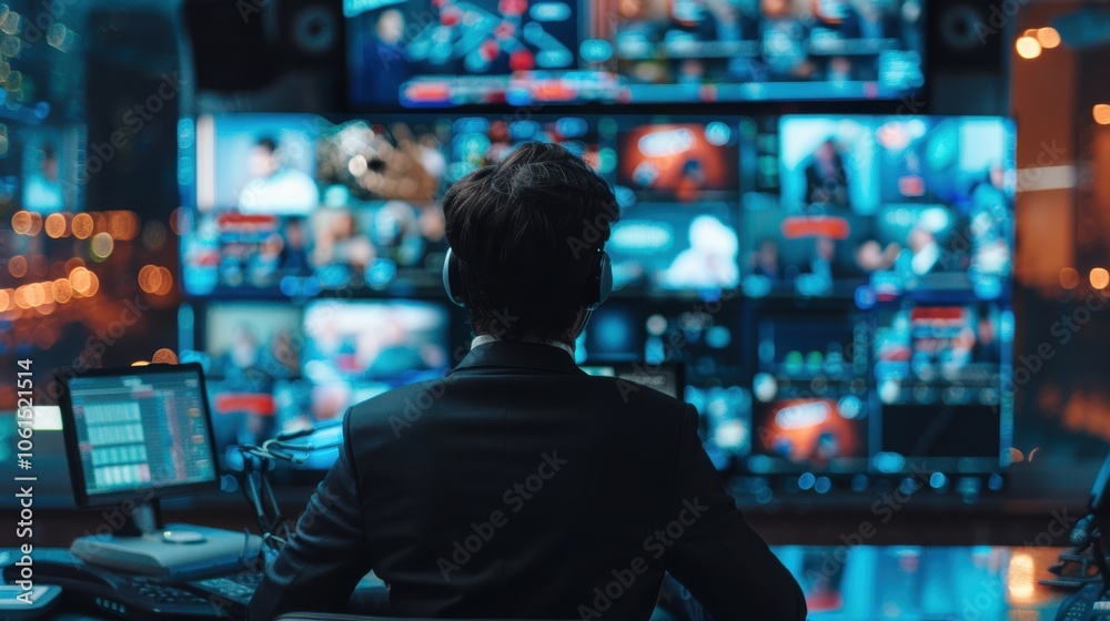 High-Tech News Studio with Professional TV News Anchor and Live Broadcast Feeds High-Tech News Studio with Professional TV News Anchor and Live Broadcast Feeds