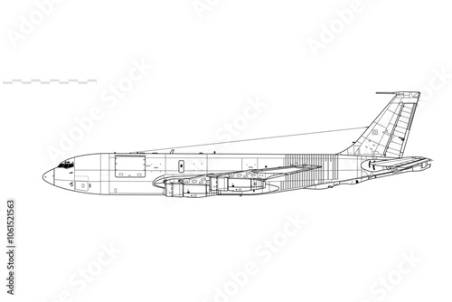 Boeing KC-135E Stratotanker. Vector drawing of aerial refueling tanker and transport aircraft. Side view. Image for illustration and infographics.