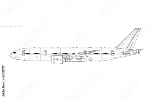 Boeing 777-200ER. Vector drawing of wide body long range jet airliner. Side view. Image for illustration and infographics.