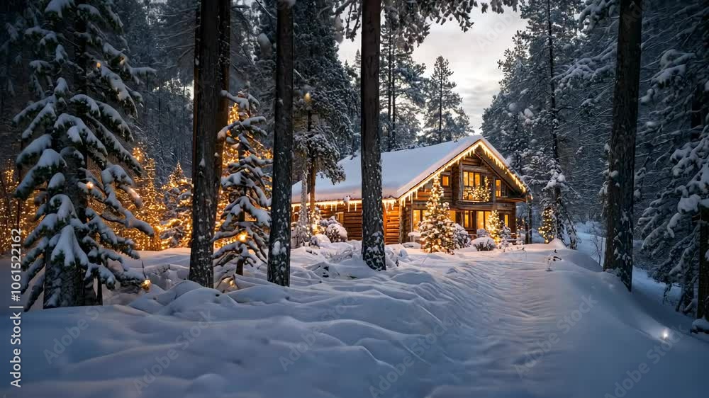 A cozy cabin in a snowy forest, illuminated by warm lights during winter.