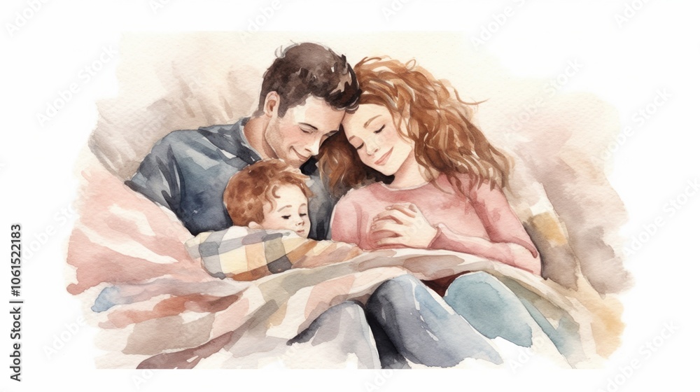 Watercolor painting of a loving family cuddling under a warm blanket.