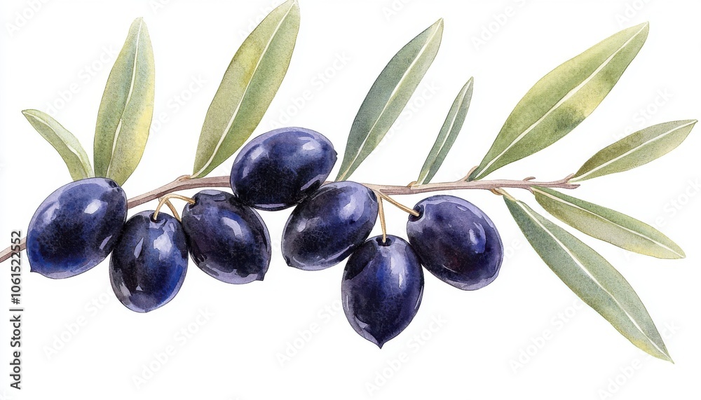 A detailed illustration of a branch with dark blue olives and green leaves, showcasing nature's beauty and agricultural produce. A detailed illustration of a branch with dark blue olives and green leaves, showcasing nature's beauty and agricultural produce.