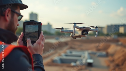 A construction worker in an orange safety jacket uses a tablet to operate a drone, with large construction machinery visible in the background.