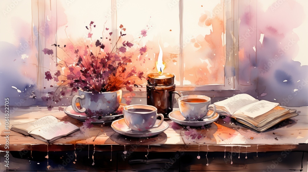 Cozy morning setup with coffee cups, books, and a candle by the window in warm, watercolor tones.